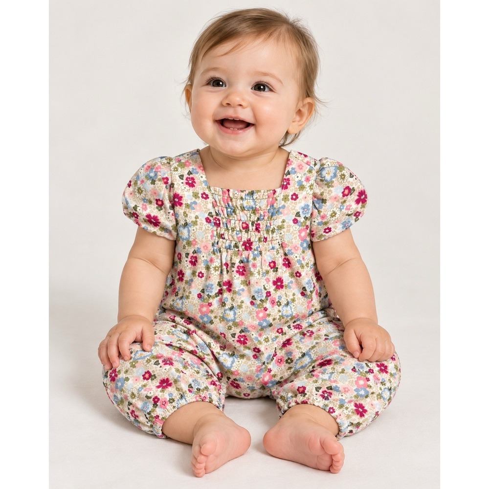 Vintage 2004 Gymboree 6-12m Short Sleeve Floral Smocked Romper Petting Zoo Line